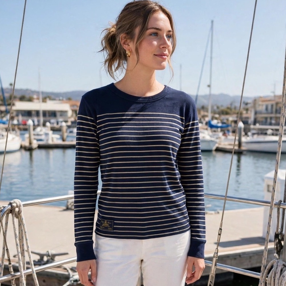 Lauren Ralph Lauren Jeans Co Navy Gold Metallic Striped Long Sleeve Top Large